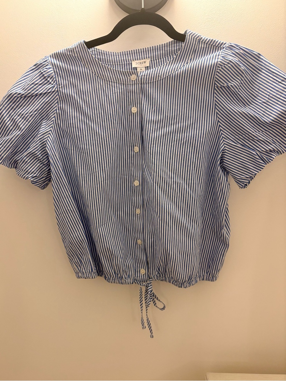J. Crew White and Blue Striped Button-Front Short Sleeve Top